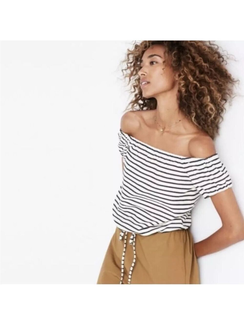 Striped Melody Off-the-Shoulder Top in Cream & Black. Size XXS